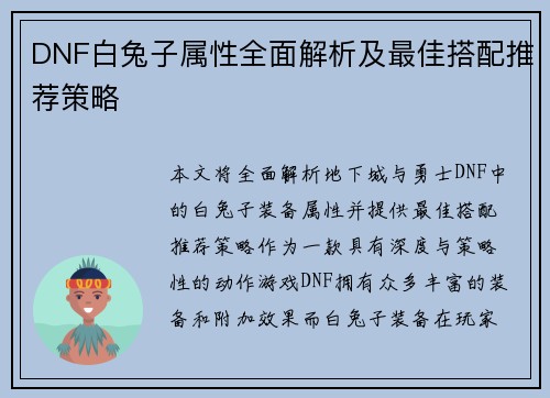 DNF白兔子属性全面解析及最佳搭配推荐策略