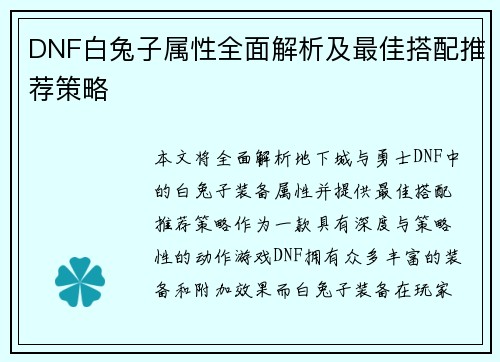 DNF白兔子属性全面解析及最佳搭配推荐策略