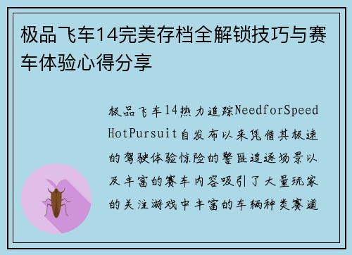 极品飞车14完美存档全解锁技巧与赛车体验心得分享