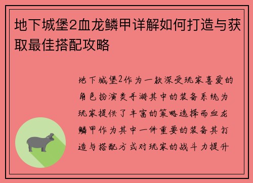 地下城堡2血龙鳞甲详解如何打造与获取最佳搭配攻略